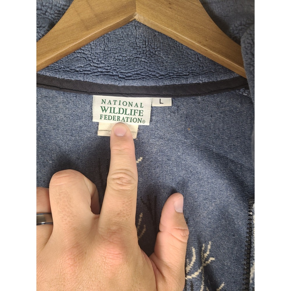 VTG National Wildlife Federation Fleece Jacket Men L Blue Wolf Moon Graphic Y2K - Picture 2 of 7